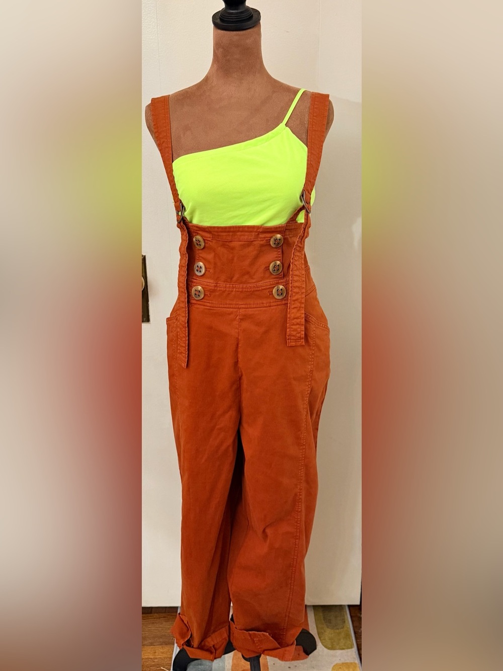 Anthropologie Rust Orange Button-Front Overalls with Neon Lime Top